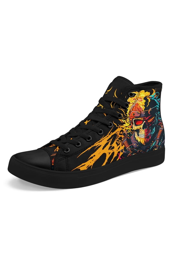 Men's Gothic Fire Skull & Flames Sneakers - Heavy-Duty Lace-Up High-Top Boots with Neon Glow-in-the-Dark Effect, Halloween, Concert Footwear, Trendy Footwear, Breathable Fabric Boots