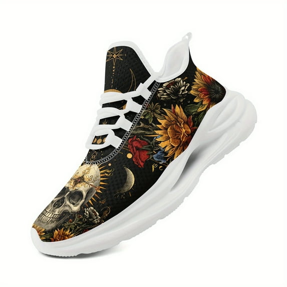 Coolcustomize Men's Gothic Floral Print Sneakers - Skull & Sunflower Design, Black with Vibrant Orange & Yellow Flowers, Midsole Suspension Technology, Lace-Up Casual & Running Shoes for Street Style