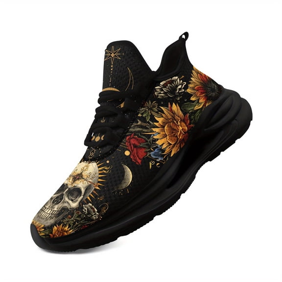 Coolcustomize Men's Gothic Floral Print Sneakers - Skull & Sunflower Design, Black with Vibrant Orange & Yellow Flowers, Midsole Suspension Technology, Lace-Up Casual & Running Shoes for Street Style