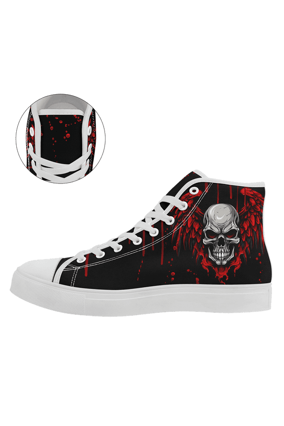 Men's Gothic Halloween Shoes - High-top Sneakers with Lace-Up, Black & Red Accents, Perfect for Costume Parties, Casual Attire - Ideal Halloween Gift, Streetwear Skull And Wings Design