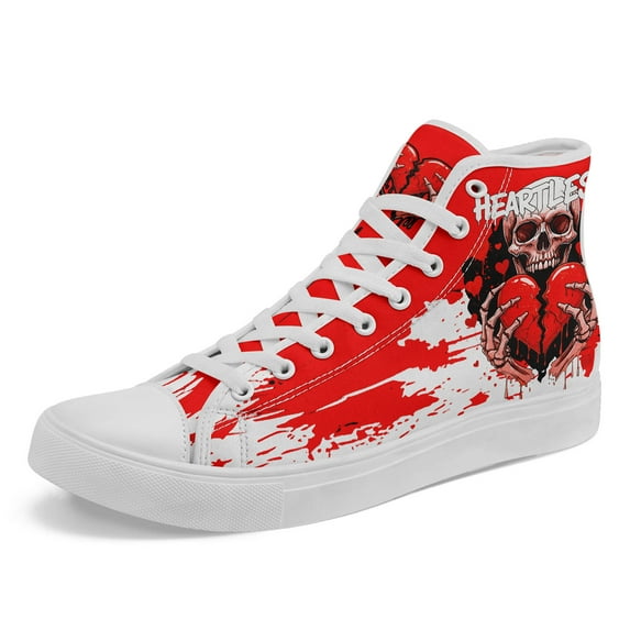 Coolcustomize Men's Gothic Heartless High-Top Sneakers - Red & Black Streetwear Shoes with Skull & Broken Heart Design, Ideal Gift for Dark Fashion Lovers - Trendy Couple Shoes with Splatter Pattern