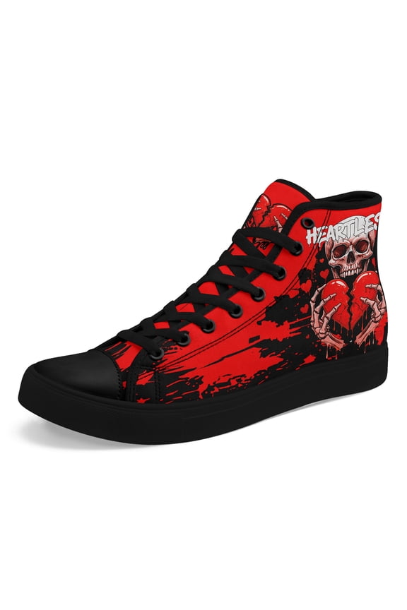 Men's Gothic Heartless High-Top Sneakers - Red & Black Streetwear Shoes with Skull & Broken Heart Design, Ideal Gift for Dark Fashion Lovers - Trendy Couple Shoes with Splatter Pattern
