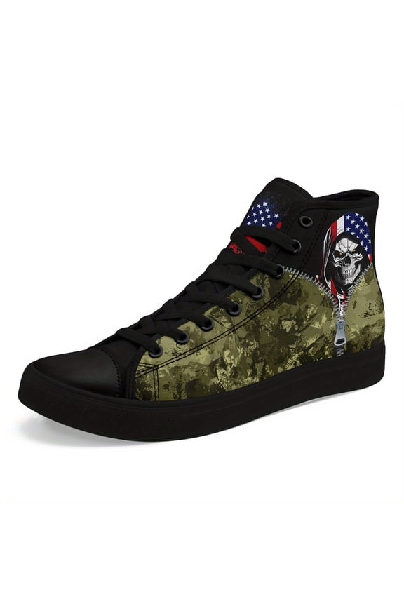 Men's Gothic High-Top Sneakers with American Flag & Skull Design - Lightweight Breathable Casual Shoes, Black & Camouflage Pattern, Lace-Up Streetwear Trainers, Bold Graphic Sneakers
