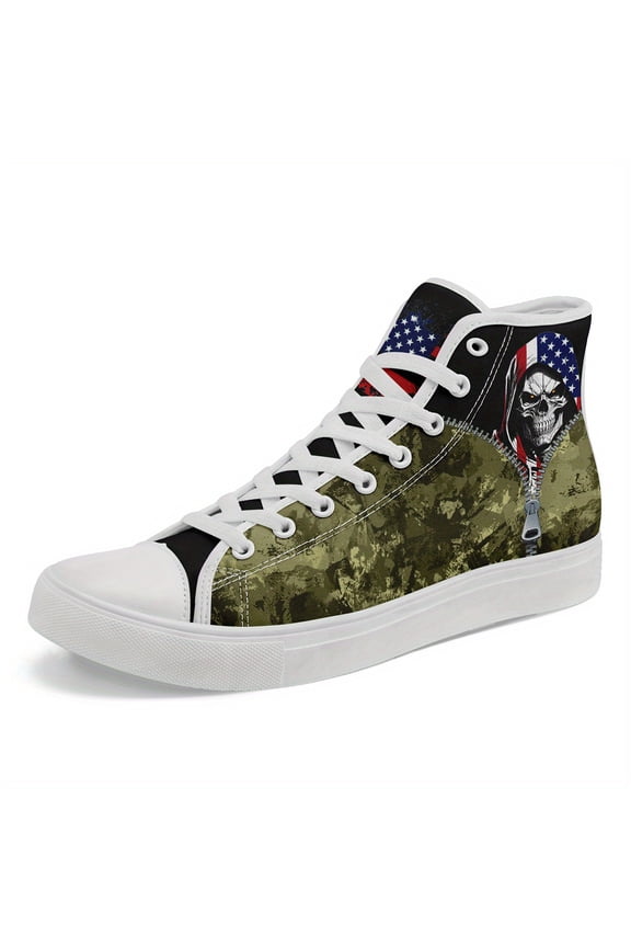 Men's Gothic High-Top Sneakers with American Flag & Skull Design - Lightweight Breathable Casual Shoes, Black & Camouflage Pattern, Lace-Up Streetwear Trainers, Bold Graphic Sneakers