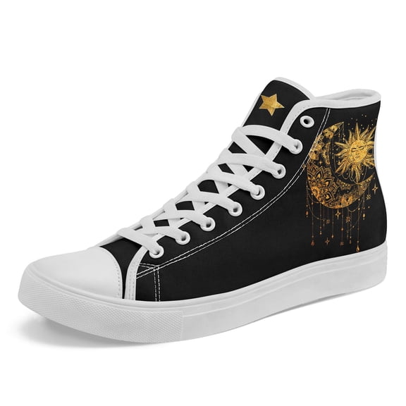 Coolcustomize Men's Gothic High-Top Sneakers - Golden Moon & Sun Art Print Lace-Up Shoes with Golden Accent, & Golden Casual Streetwear Shoes for Everyday, Travel, Travel Footwear, Durable Footwear