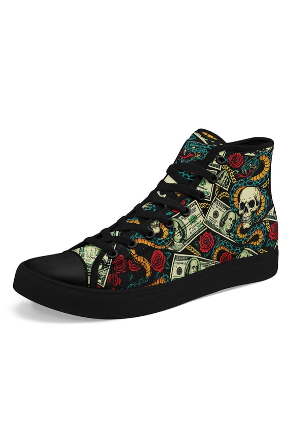 Men's Gothic High-Top Sneakers - Gothic Skull & Snake Scale Design, Bold Black & Golden/Red Dollar Bill Accents - Plus Size Gothic Style Trainers - Edgy Streetwear Statement Shoes