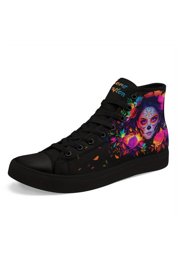 Men's Gothic High-Top Sneakers with Skull & Floral Print - Lightweight Breathable Casual Shoes, White Laces & Rubber Sole, Gothic Shoes, Outdoor Footwear, Bold Design, Durable Boots