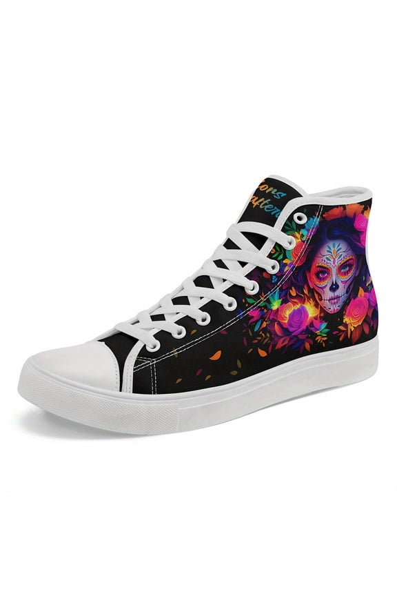 Men's Gothic High-Top Sneakers with Skull & Floral Print - Lightweight Breathable Casual Shoes, White Laces & Rubber Sole, Gothic Shoes, Outdoor Footwear, Bold Design, Durable Boots