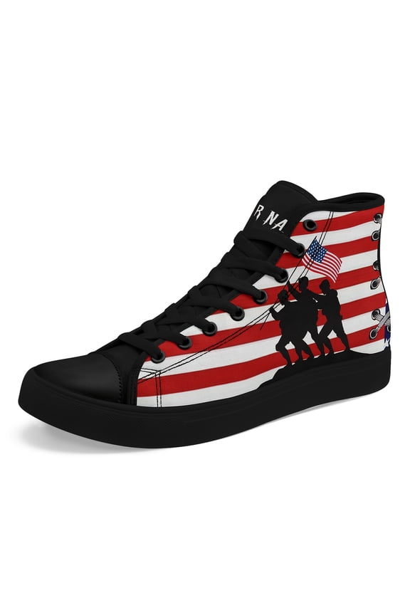 Men's Gothic High-top Sneakers, American Flag & Skull Design Boots, Black/White/Red, Lightweight Breathable Trainers, Plus Size Lace-Up Casual Streetwear Shoes, Bold Fashion Statement