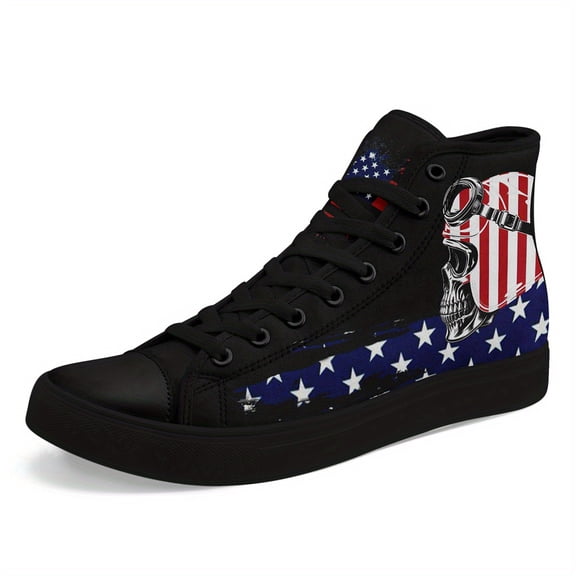 Coolcustomize Men's Gothic High-top Sneakers, American Flag & Skull Design, Lightweight Breathable Trainers, Plus Size Casual Streetwear Shoes with Lace-Up, Black/Red/White/Blue Skull Motif Sneakers
