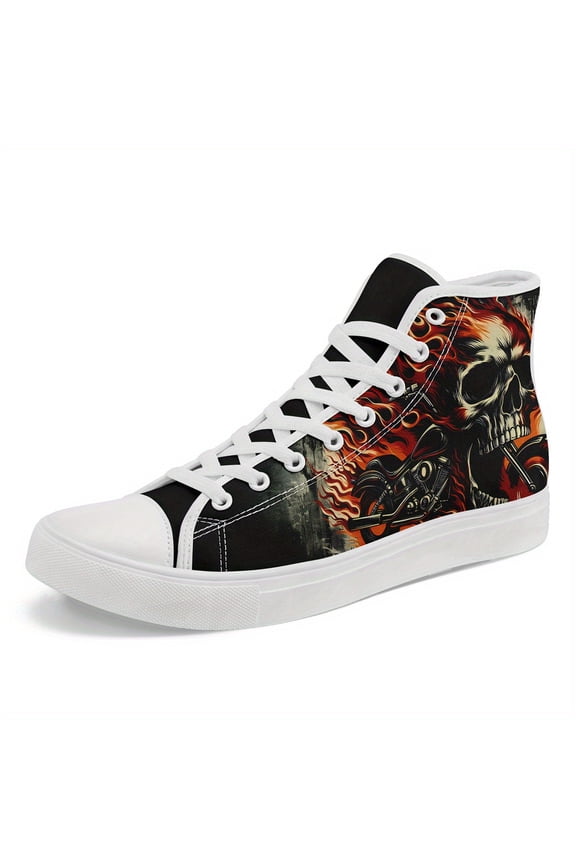 Men's Gothic High-top Sneakers, Skull Streetwear Laceup Trainers with Bold Red/Black Design, Breathable Fabric Upper & Rubber Sole Boots, Casual Punk Style for All Season, Edgy Footwear