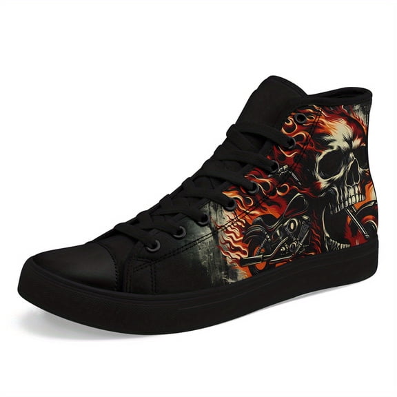 Coolcustomize Men's Gothic High-top Sneakers, Skull Streetwear Laceup Trainers with Bold Red/Black Design, Breathable Fabric Upper & Rubber Sole Boots, Casual Punk Style for All Season, Edgy Footwear