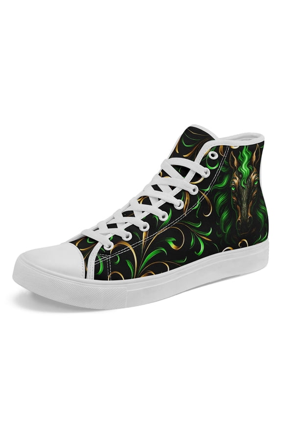Men's Gothic Horse & Celtic Knot Design High-top Sneakers - Lace-Up Ankle Boots with Green & Golden Accent, Round Toe & Rubber Sole, Versatile Fashion Footwear, Casual Streetwear Style