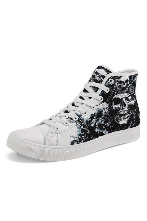 Men's Gothic Pirate Skull High-Top Sneakers - Black Casual Streetwear Shoes with Intricate White Skull & Floral Design, Lace-Up Closure Casual Boots, Gothic Shoes, Trendsetting Footwear