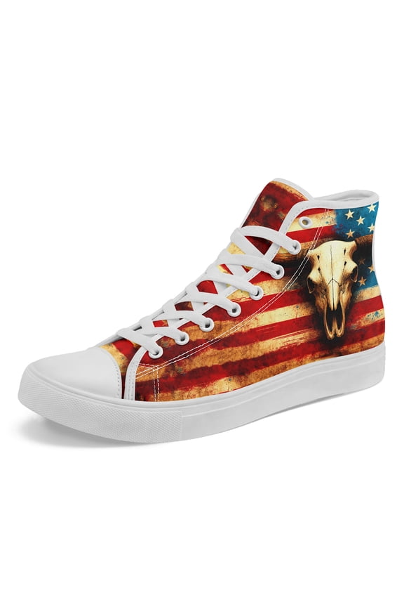 Men's Gothic Punk High-Top Sneakers - American Flag & Bull Skull Design, Lace-Up Ankle Boots with Red & Stripes, Plus Size, All-Season Casual Streetwear, Fabric Upper Casual Boots