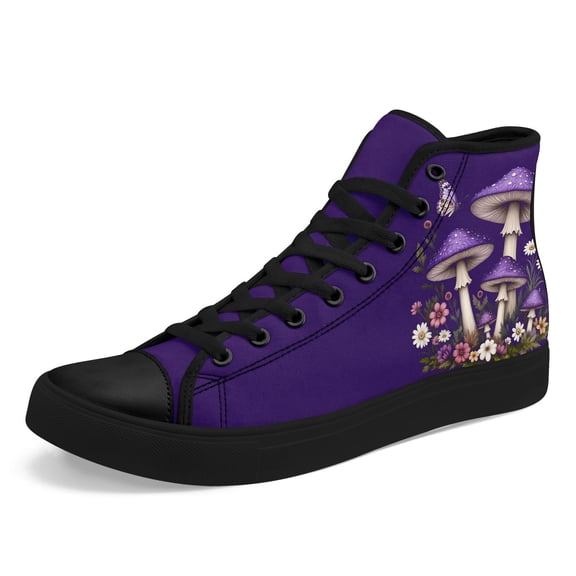 Coolcustomize Men's Gothic Punk Mushroom & Fungi Graphic High-Top Sneakers - Lightweight Lace-Up Boots with Black/Purple Mushroom Print, Womens Casual Shoes, PLUS SIZE Styleand Urban Outfits