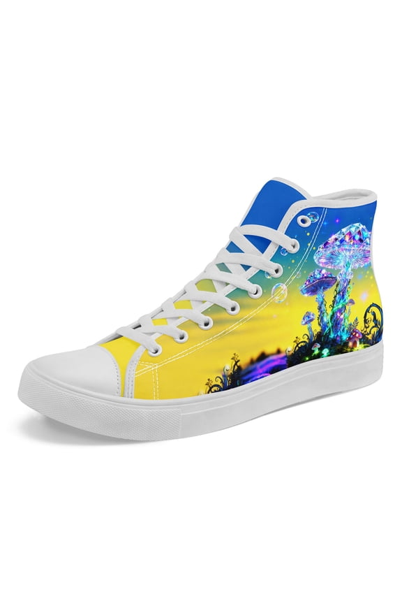 Men's Gothic Punk Neon Glow-in-the-Dark Sneakers - Neon Blue & Yellow Mushroom Graphic High-Top Lace-Up Shoes with Neon Glow-in-the-Dark Sole Casual Shoes