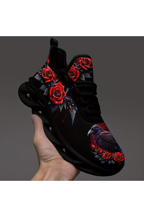 Men's Gothic Punk Sneakers - Black with Red Roses & Raven Accents - Lace-Up Streetwear Shoes - Cushioned EVA Sole - All-Season Urban Fashion Footwear - Casual Footwear