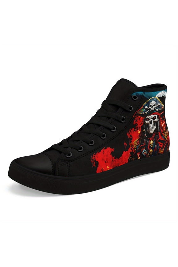Men's Gothic Punk Sneakers, Edgy Skull Pirate design with Flames, Lace-Up High-top Casual Shoes, Gothic Boots for Concerts & Casual Attire, Bold Graphics, Sturdy Build, Street Style
