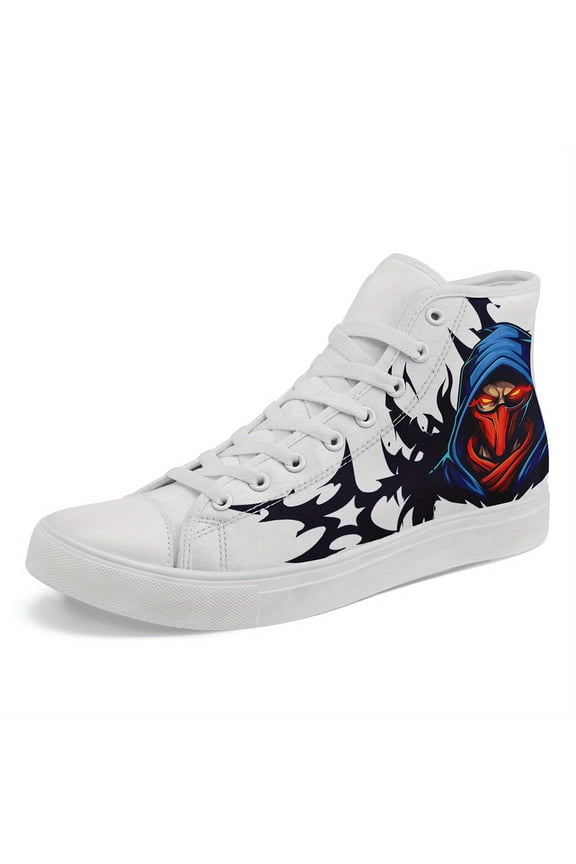 Men's Gothic Punk Sneakers, High-top Lace-Up Shoes with Hooded Figure Graphic, Black/White Gothic Shoes for Concerts, Edgy Gothic Boots, Bold Graphics Streetwear, Alternative Fashion