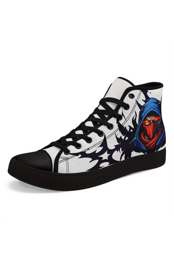 Men's Gothic Punk Sneakers, High-top Lace-Up Shoes with Hooded Figure Graphic, Black/White Gothic Shoes for Concerts, Edgy Gothic Boots, Bold Graphics Streetwear, Alternative Fashion