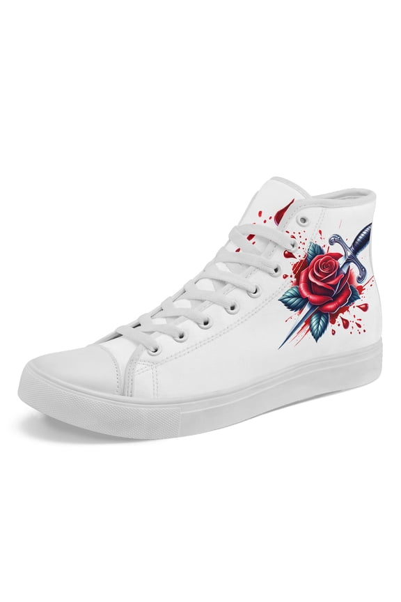Men's Gothic Rose & Dagger Print Lace-Up Ankle Boots, Lightweight Sneaker-Style with Dagger-Heel & Red Rose Design, Round Toe for Casual, Outdoor, Gym, Breathable Fabric Upper Shoes