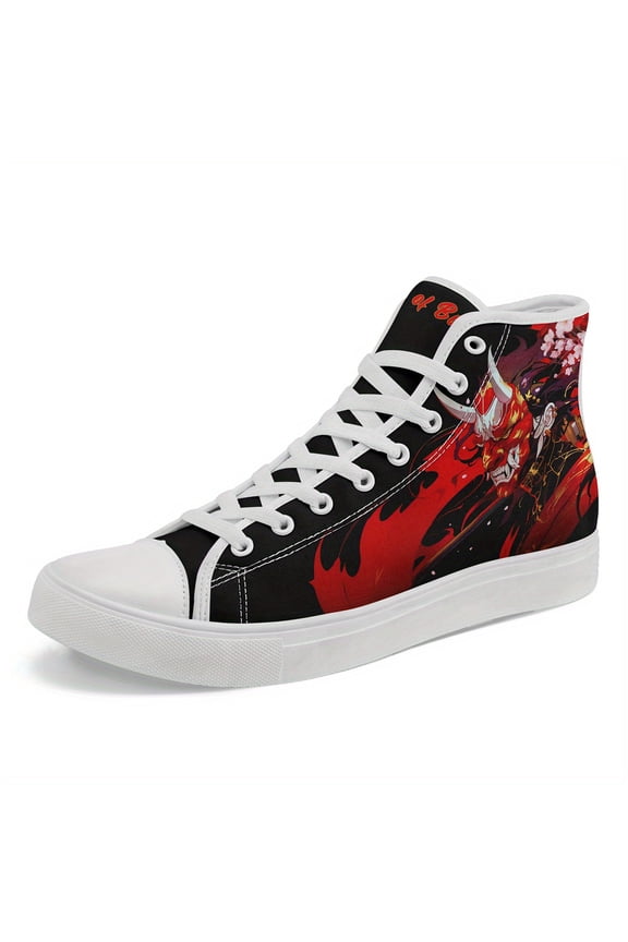 Men's Gothic Samurai & Skull Print High-Top Sneakers - Lightweight Breathable Fabric & Rubber Sole, Plus Size Streetwear Casual Shoes for All-Season Outdoor Comfort, Versatile Footwear