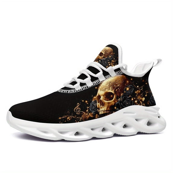 Coolcustomize Men's Gothic Skull Design Sneakers, Black Low-Top Lace-Up Shoes with Golden Floral Accents, Comfortable Walking Trainers, Casual Streetwear Style | Gothic Streetwear | EVA Sole Sneakers