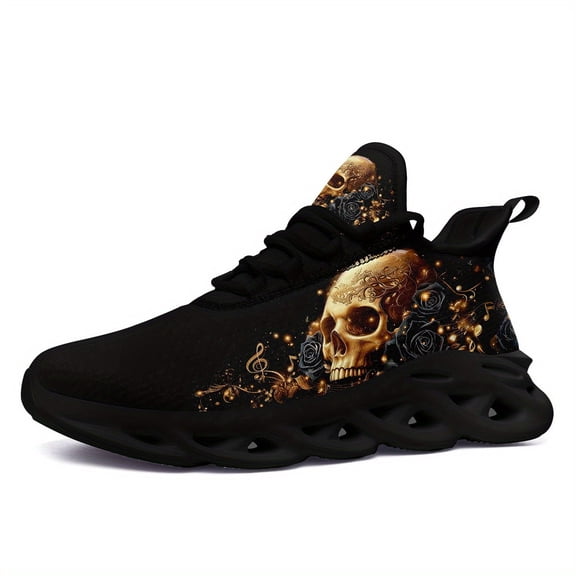 Coolcustomize Men's Gothic Skull Design Sneakers, Black Low-Top Lace-Up Shoes with Golden Floral Accents, Comfortable Walking Trainers, Casual Streetwear Style | Gothic Streetwear | EVA Sole Sneakers