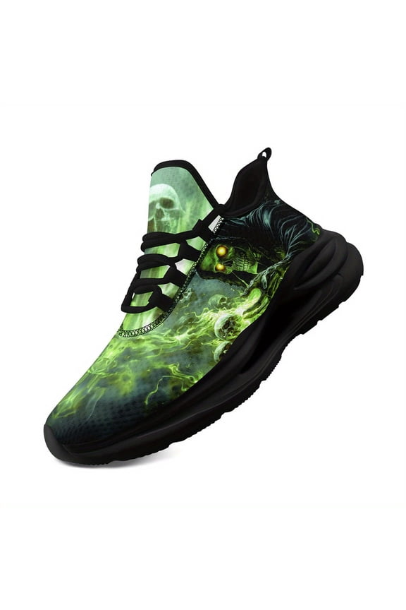 Men's Gothic Skull Design Sneakers - Gothic Streetwear Shoes, Lightweight Breathable Running Trainers for All Seasons, Casual Athletic Footwear | Fabric Upper Skull Motif Sneakers