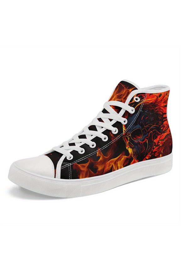 Men's Gothic Skull & Flames High-Top Sneakers - Punk Streetwear Lace-Up Casual Shoes, Casual Trainers for Outdoor Fashion, Gothic Boots, Bold Eye-Catching Design, Urban Trendsetters