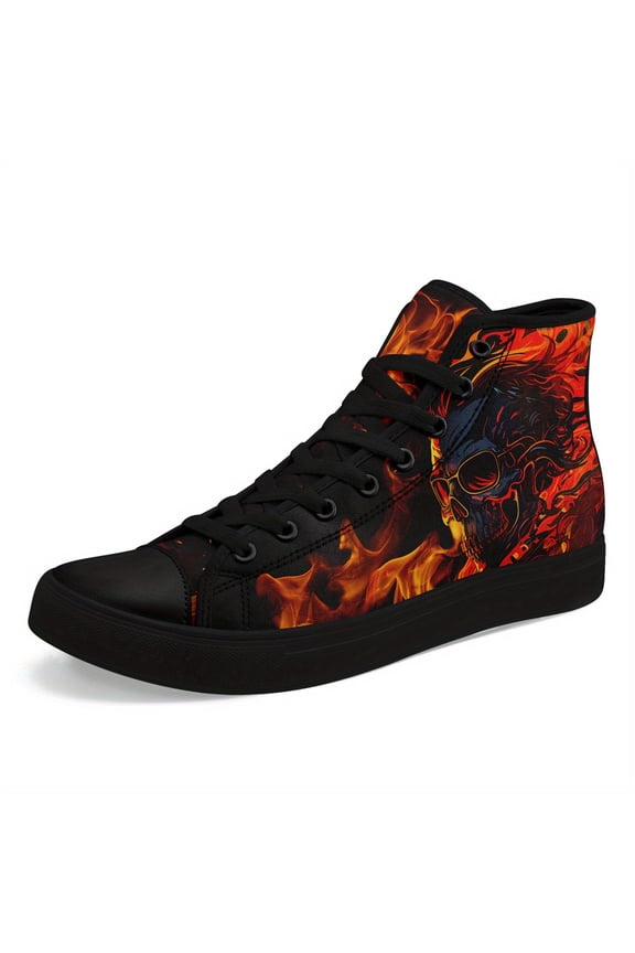 Men's Gothic Skull & Flames High-Top Sneakers - Punk Streetwear Lace-Up Casual Shoes, Casual Trainers for Outdoor Fashion, Gothic Boots, Bold Eye-Catching Design, Urban Trendsetters