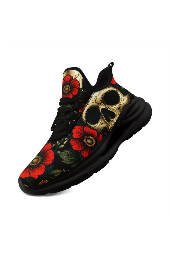 Men's Gothic Skull & Floral Print Sneakers - Chunky Sole, Midsole Suspension, Breathable Fabric Upper, Lace-Up Casual Streetwear Shoes for All-Season Urban Wear, PLUS SIZE, Gothic Shoes