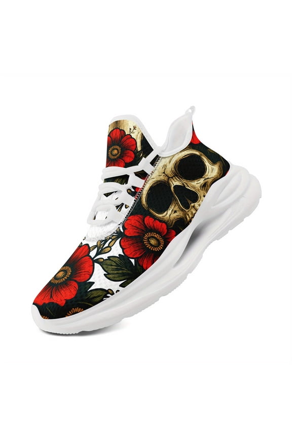 Men's Gothic Skull & Floral Print Sneakers - Chunky Sole, Midsole Suspension, Breathable Fabric Upper, Lace-Up Casual Streetwear Shoes for All-Season Urban Wear, PLUS SIZE, Gothic Shoes