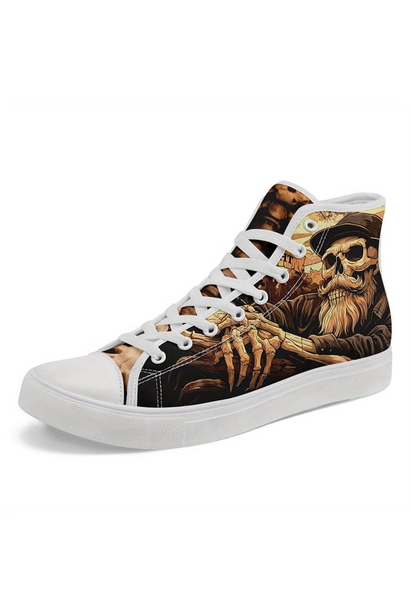 Men's Gothic Skull High-Top Sneakers - Stylish Black Casual Shoes with Intricate Bone & Floral Design, Fabric Upper & Rubber Sole for Streetwear & Everyday Wear, Gothic Fashion Sneakers