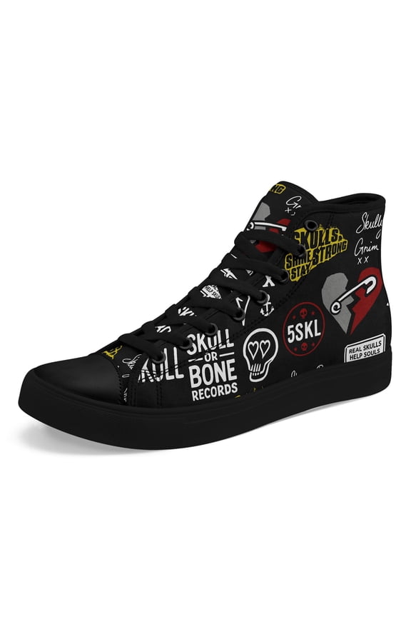 Men's Gothic Skull High-top Sneakers, Plus Size Lace-Up Shoes with Skull Graphic, Black/Red Accents Streetwear Trainers for Everyday, Parties, Concerts - Edgy Gothic Footwear for Party