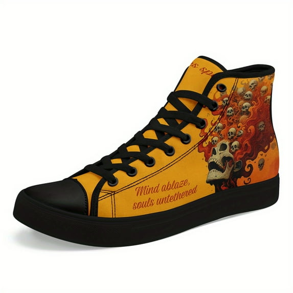Coolcustomize Men's Gothic Streetwear Sneakers - Orange & Black Flame Skull Graphic, Lace-Up High-Top Shoes for Skateboarding, Concerts, Rebel Fashion Footwear, Skate Shoes, Casual Footwear