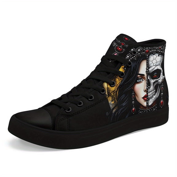 Coolcustomize Men's Gothic Style High-Top Sneakers - Skull & Rose Design, Lightweight Breathable Trainers, Plus Size Streetwear Shoes, Fabric Lining, Allseason Footwear | Rubber Sole Casual Boots