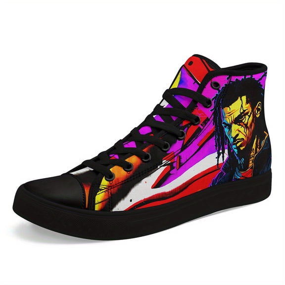 Coolcustomize Men's Graffiti High-Top Sneakers - Street Art Design, Urban Hip-Hop Casual Shoes, Black with Colorful Abstract Artwork, Lace-Up, All-Season Comfort, PLUS SIZE Casual Boots