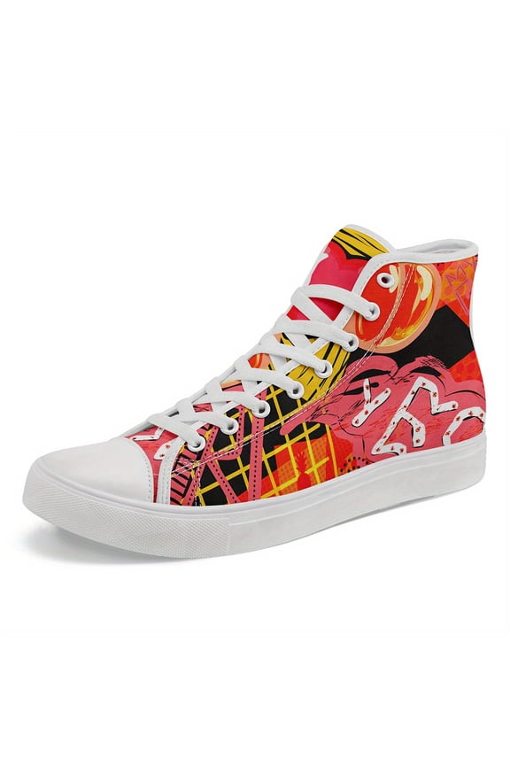 Men's Graffiti High-Top Sneakers - Urban Hip-Hop Street Art Design, Vibrant Pink & Black Color Block, Durable Rubber Sole, Fashion Lace-Up Casual Shoes, PLUS SIZE Fabric Upper Boots