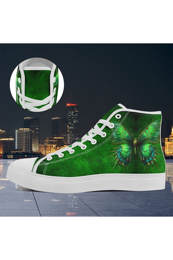 Men's Green Butterfly Print High-Top Sneakers, Breathable Casual Shoes for Festivals, Outdoor Walks, Butterfly Shoes, Festival Footwear, Spooky Stylish Design, Fabric Upper