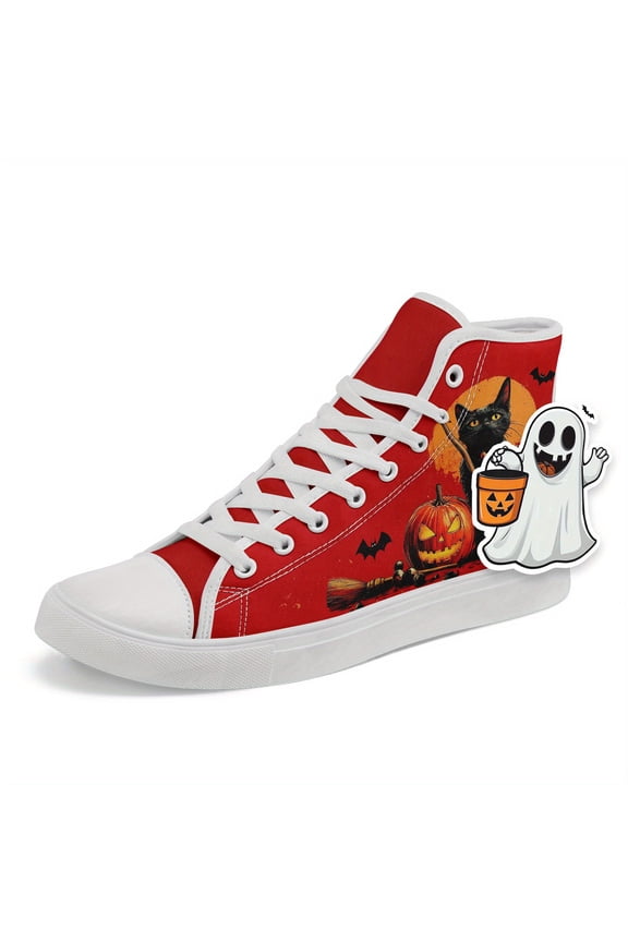 Men's Halloween High Top Sneakers with Cute Charm, Cat Pumpkin Design, Trick Treat Casual Skate Shoes, Spooky & Comfortable All-Season Footwear, Trendy Halloween Shoes