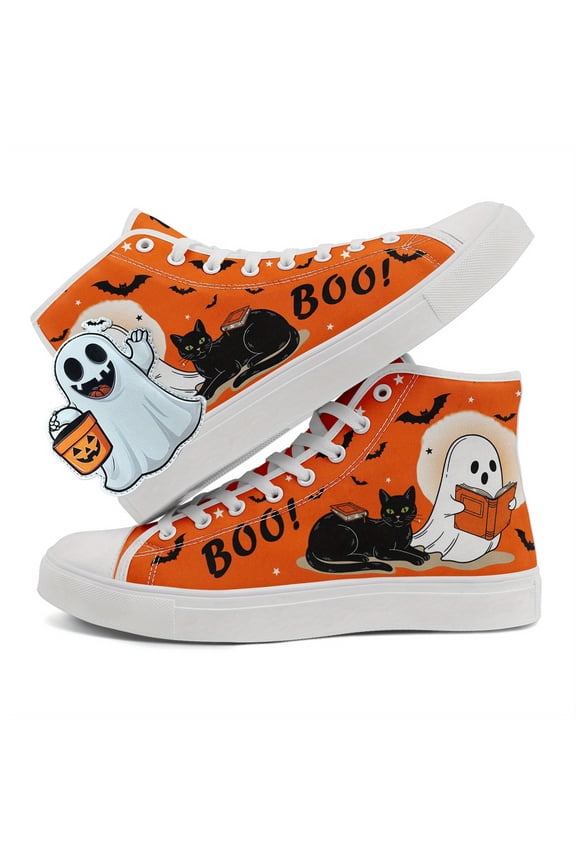 Men's Halloween High Top Sneakers with Cute Ghost Charm, Orange Ghost & Black Cat Design, Trick or Treat Casual Skate Shoes, Spooky Streetwear Shoes, Trendy Halloween Shoes