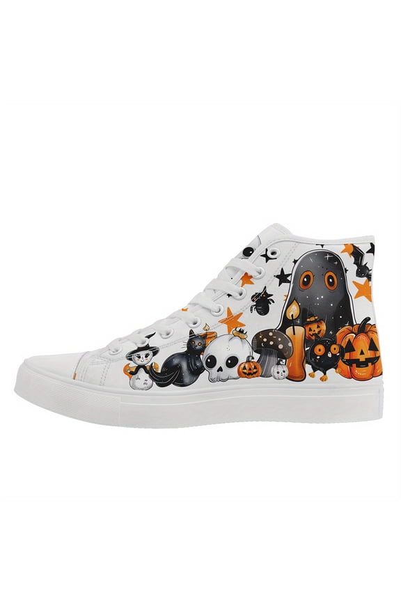 Men's Halloween High-Top Sneakers - Pumpkin Lantern & Haunted House Design, Black & White Streetwear Casual Shoes with Lace-Up Closure, Plus Size Trendy Halloween Trainers, Casual Boots