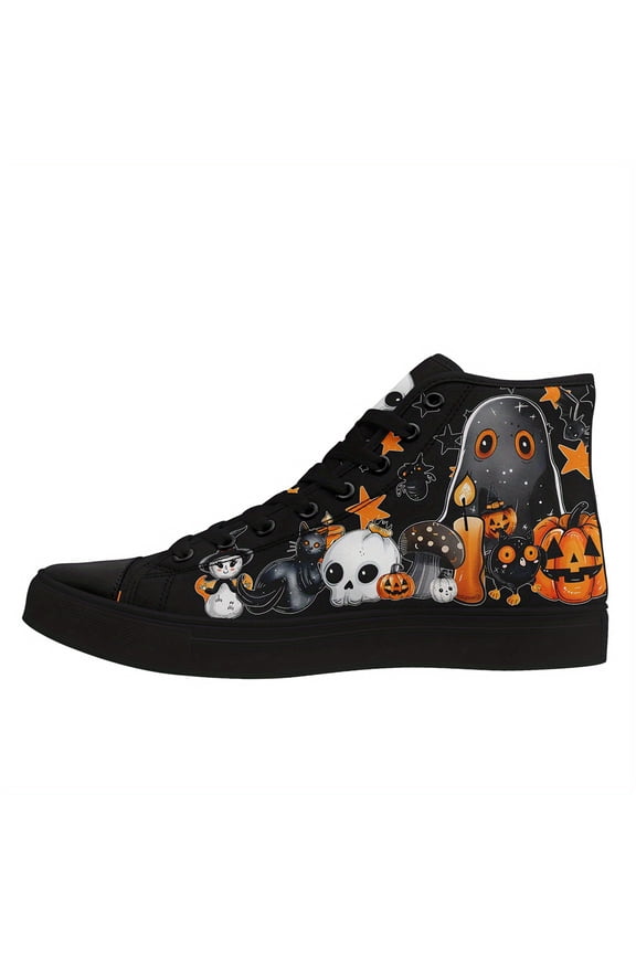 Men's Halloween High-Top Sneakers - Pumpkin Lantern & Haunted House Design, Black & White Streetwear Casual Shoes with Lace-Up Closure, Plus Size Trendy Halloween Trainers, Casual Boots