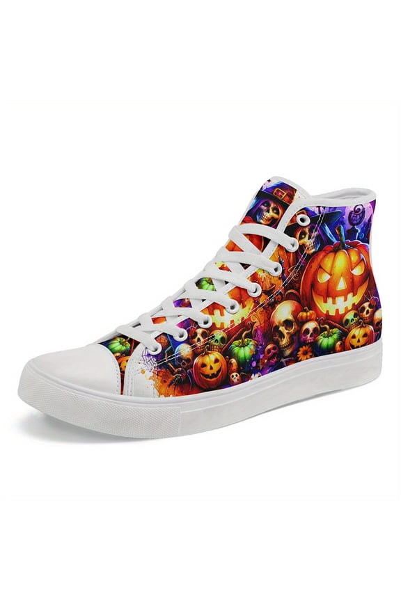 Men's Halloween Shoes, Spooky Pumpkin Lanterns, Skeletons, Bats - Plus Size High-top Lace-Up Sneakers for Halloween Parties, Trick-or-Treat Streetwear Shoes, Festive Footwear, Bat Motif