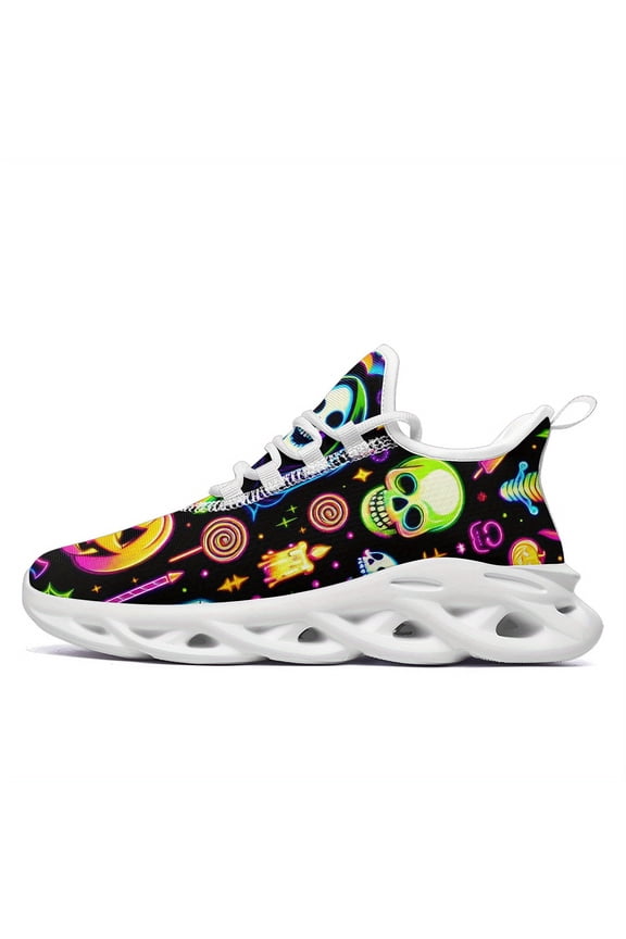 Men's Halloween Skull Sneakers - Punk Gothic Shoes with Neon Green, Lightweight Cushioned EVA Sole - Halloween Shoes, Festival Footwear, Bold Graphic Design, Party Goers, Urban Fashion