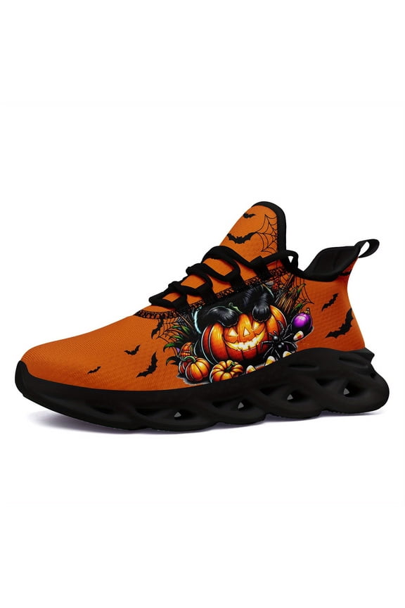 Men's Halloween Spooky Pumpkin & Bat Design Casual Sneakers, Trick or Treat Casual Shoes, Unique Sports Shoes, Fashion Streetwear Lace-Up Trainers, Womens Trendy Runing Shoes, PLUS SIZE