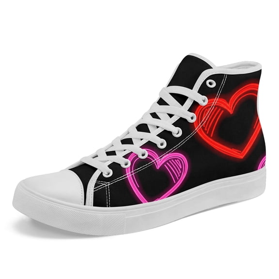 Coolcustomize Men's High Top Sneakers | Neon Red & Pink Heart Design, Comfortable Casual Sports Footwear, Lace Closure, Fabric Upper & Insole Boots, EVA Sole, Round Toe Canvas Shoes for Dail Wear