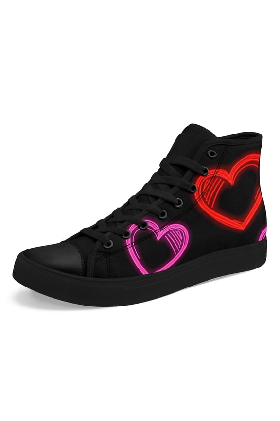 Men's High Top Sneakers | Neon Red & Pink Heart Design, Comfortable Casual Sports Footwear, Lace Closure, Fabric Upper & Insole Boots, EVA Sole, Round Toe Canvas Shoes for Dail Wear